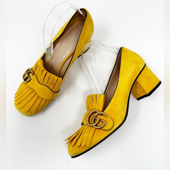 Gucci Shoes - Gucci Yellow GG Marmont Fringe Suede Heeled Loafers Pumps